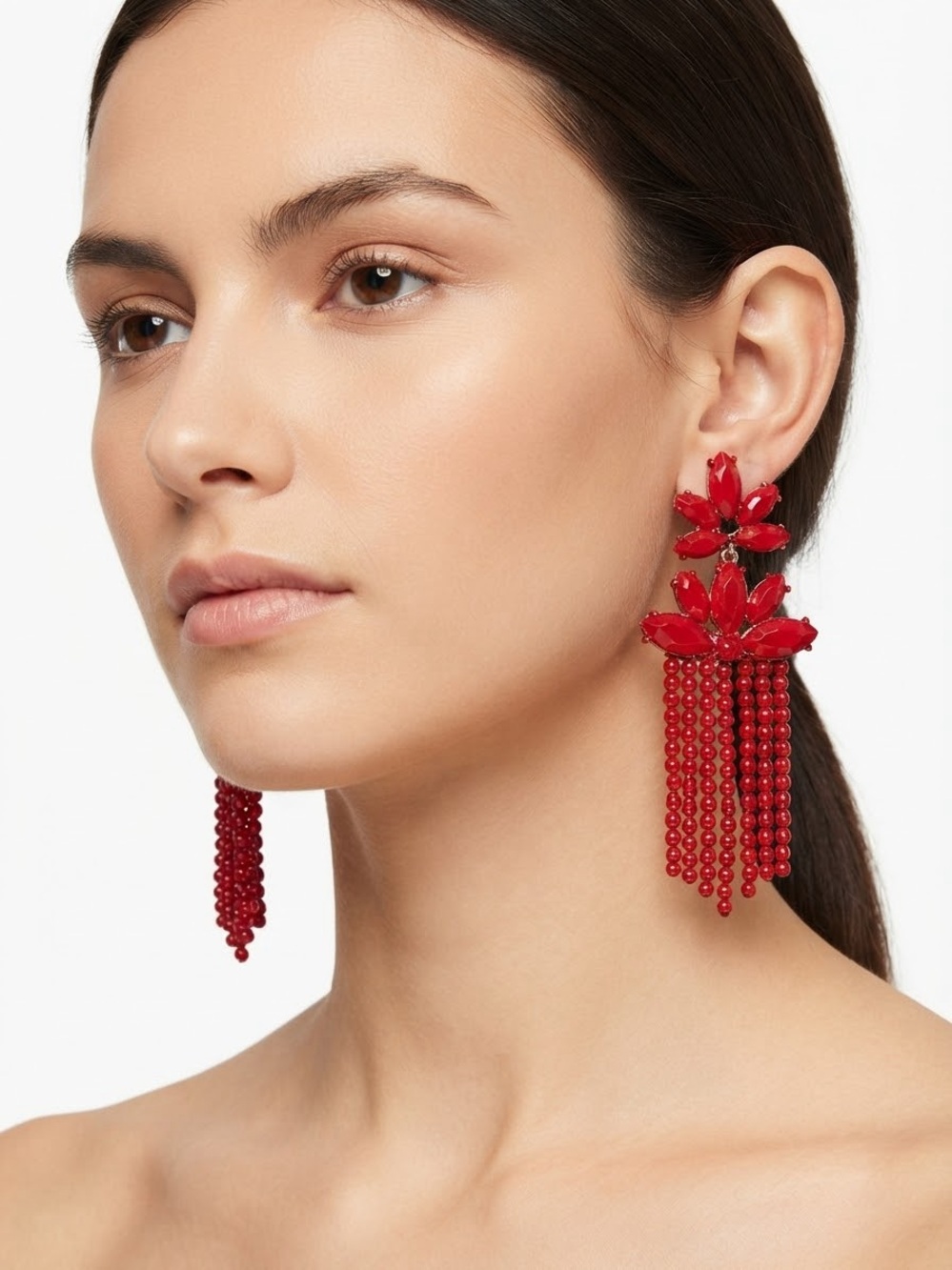 H&M Red Floral Beaded Tassel Earrings - Women Jewelry